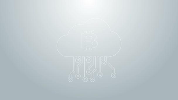 Línea azul Icono de minería de nubes criptomoneda aislado sobre fondo gris. Tecnología de cadena de bloques, bitcoin, mercado de dinero digital, billetera criptomoneda. Animación gráfica de vídeo 4K — Vídeos de Stock