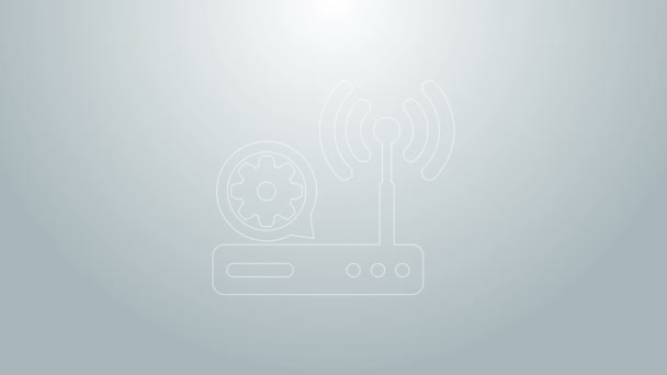 Blue line Router and wi-fi signal and gear icon isolated on grey background. Adjusting app, service concept, setting options, maintenance, repair, fixing. 4K Video motion graphic animation — Stock Video