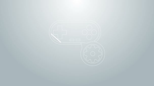 Blå linje Gamepad och redskap ikon isolerad på grå bakgrund. Justera app, servicekoncept, inställningsalternativ, underhåll, reparation, fixering. 4K Video motion grafisk animation — Stockvideo