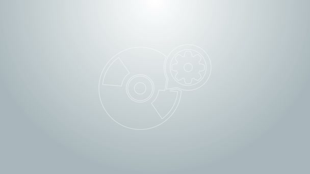 Blaue Linie CD oder DVD Disk und Getriebesymbol isoliert auf grauem Hintergrund. Anpassung App, Servicekonzept, Einstellungsmöglichkeiten, Wartung, Reparatur, Reparatur. 4K Video Motion Grafik Animation — Stockvideo