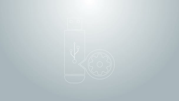 Blue line USB Flash Drive and gear icon isolated on grey background. Настройка приложения, концепции сервиса, настройки опций, обслуживания, ремонта, фиксации. Видеографическая анимация 4K — стоковое видео