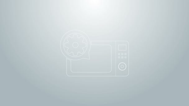Blue line Micmicrowave oven and gear icon isolated on grey background. Настройка приложения, концепции сервиса, настройки опций, обслуживания, ремонта, фиксации. Видеографическая анимация 4K — стоковое видео