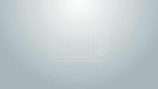 Línea azul Icono horno microondas aislado sobre fondo gris. Artefactos para el hogar icon.4K Animación gráfica de vídeo — Vídeo de stock