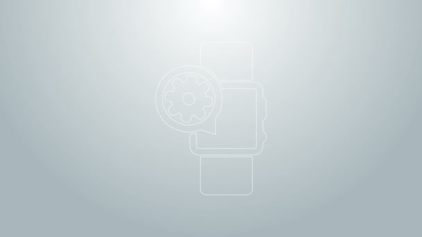 Blauwe lijn Smartwatch en tandwielpictogram geïsoleerd op grijze achtergrond. Aanpassen app, service concept, instelling opties, onderhoud, reparatie, vaststelling. 4K Video motion grafische animatie — Stockvideo