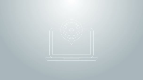 Línea azul Icono de ordenador portátil y engranaje aislado sobre fondo gris. Concepto de servicio de computadora portátil. Ajustar la aplicación, opciones de configuración, mantenimiento, reparación, fijación. Animación gráfica de vídeo 4K — Vídeo de stock