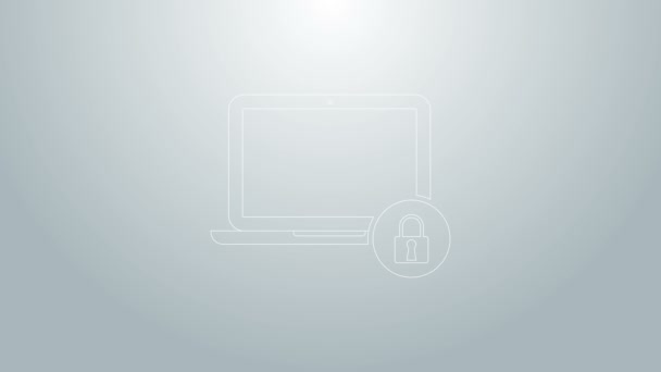 Laptop linha azul e ícone de bloqueio isolado no fundo cinza. Computador e cadeado. Segurança, segurança, proteção conceito. Uma interrede segura. Animação gráfica em movimento de vídeo 4K — Vídeo de Stock