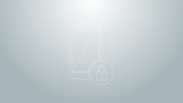Smartphone linha azul com ícone de cadeado fechado isolado no fundo cinza. Telefone com fechadura. Segurança móvel, segurança, conceito de proteção. Animação gráfica em movimento de vídeo 4K — Vídeo de Stock