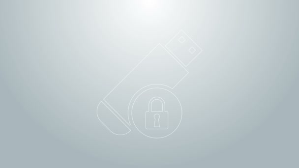 Blå linje USB-minne med stängd hänglås ikon isolerad på grå bakgrund. Säkerhet, trygghet, skydd koncept. 4K Video motion grafisk animation — Stockvideo