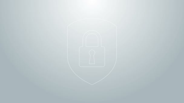 Kék vonal Pajzs biztonság zár ikon elszigetelt szürke háttér. Védelem, biztonság, jelszóvédelem. Tűzfal hozzáférés adatvédelmi tábla. 4K Videó mozgás grafikus animáció — Stock videók