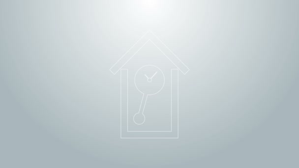 Blaue Linie Retro Wanduhr Symbol isoliert auf grauem Hintergrund. Kuckucksuhr-Zeichen. Antike Pendeluhr. 4K Video Motion Grafik Animation — Stockvideo