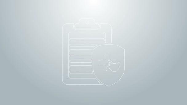 Modrá čára Schránka s lékařským klinickým záznamem pet ikona izolované na šedém pozadí. Formulář zdravotního pojištění. Zpráva o lékařských prohlídkách. Grafická animace pohybu videa 4K — Stock video