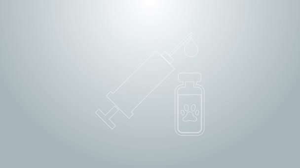 Blue line Syringe with pet vaccine icon isolated on grey background. Dog or cat paw print. 4K Video motion graphic animation — Stock Video