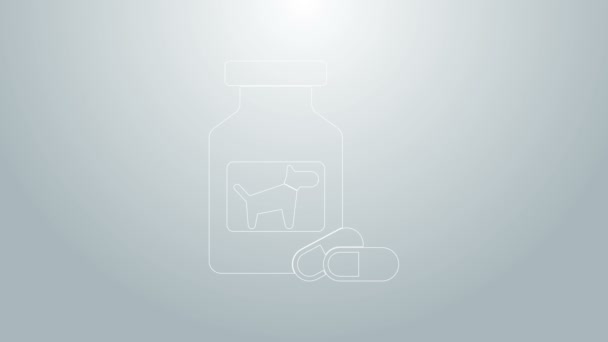 Blue line Dog medicine bottle and pills icon isolated on grey background. Container with pills. Prescription medicine for animal. 4K Video motion graphic animation — Stock Video