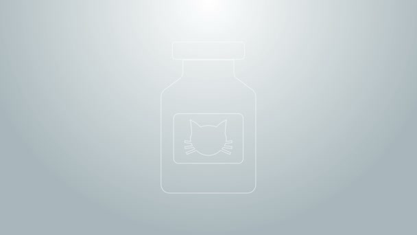 Blue line Cat medicine bottle icon isolated on grey background. Container with pills. Prescription medicine for animal. 4K Video motion graphic animation — Stock Video