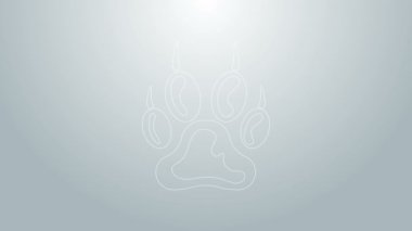 Mavi çizgi Paw yazdırma simgesi gri arkaplanda izole edildi. Köpek ya da kedi pençesi izi. Hayvan izleri. 4K Video hareketli grafik canlandırması