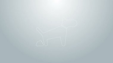 Mavi çizgi köpek kakası simgesi gri arka planda izole edildi. Köpek tuvalete gidiyor. Köpek dışkılar. Yürüyen hayvanlar için yer kavramı. 4K Video hareketli grafik canlandırması
