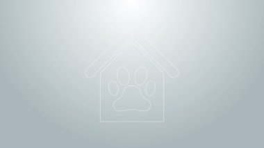 Mavi çizgi köpek evi ve pati izi ikonu gri arka planda izole edilmiş. Köpek kulübesi. 4K Video hareketli grafik canlandırması