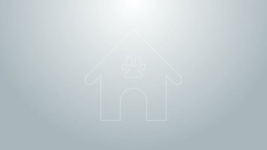 Mavi çizgi köpek evi ve pati izi ikonu gri arka planda izole edilmiş. Köpek kulübesi. 4K Video hareketli grafik canlandırması