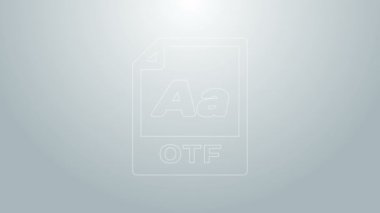 Mavi çizgi OTF dosya belgesi. Gri arkaplanda otf düğmesi simgesi indir. OTF dosya sembolü. 4K Video hareketli grafik canlandırması