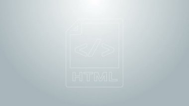 Mavi çizgi HTML dosya belgesi. Gri arkaplanda html düğmesi simgesi indir. HTML dosya simgesi. İşaretleme dili sembolü. 4K Video hareketli grafik canlandırması
