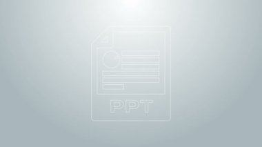 Mavi çizgi PPT dosya belgesi. Gri arkaplanda ppt düğmesi simgesi indir. PPT dosya sunumu. 4K Video hareketli grafik canlandırması