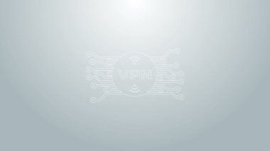 Mavi çizgi VPN, gri arkaplanda izole edilmiş mikroçip devre ikonu ile daire içinde. 4K Video hareketli grafik canlandırması