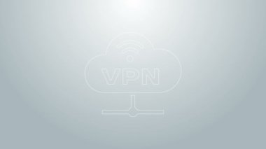 Mavi çizgi VPN Ağ bağlantısı simgesi gri arkaplanda izole edildi. Sosyal teknoloji. Bulut hesaplama konsepti. 4K Video hareketli grafik canlandırması