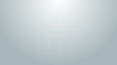 Gri arkaplanda izole edilmiş ikonu açmak için kablosuz teknolojiye sahip mavi çizgi dijital kapı kilidi. Kapı kolu tabelası. Güvenlik akıllı ev. 4K Video hareketli grafik canlandırması