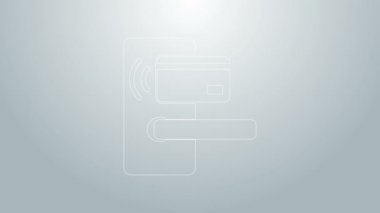 Gri arkaplanda izole edilmiş ikonu açmak için kablosuz teknolojiye sahip mavi çizgi dijital kapı kilidi. Kapı kolu tabelası. Güvenlik akıllı ev. 4K Video hareketli grafik canlandırması