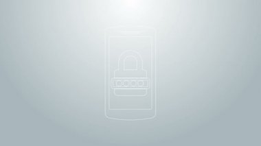 Mavi hat cep telefonu ve şifre koruma simgesi gri arkaplanda izole edildi. Güvenlik, güvenlik, kişisel erişim, kullanıcı izni, mahremiyet. 4K Video hareketli grafik canlandırması