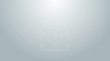 Gri arkaplanda kalp ikonu olan mavi çizgi asma kilit. Kilitli Kalp. Aşk sembolü ve anahtar deliği işareti. 4K Video hareketli grafik canlandırması