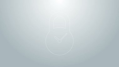 Mavi çizgi asma kilit ve gri arkaplanda saat simgesi var. Zaman kontrol konsepti. Geri sayım, teslim tarihi, program, planlama sembolü. 4K Video hareketli grafik canlandırması