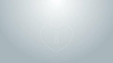 Gri arkaplanda izole edilmiş kalp simgesi şeklinde mavi çizgi bir kale. Kilitli Kalp. Aşk sembolü ve anahtar deliği işareti. 4K Video hareketli grafik canlandırması