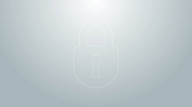 Mavi çizgi kilidi simgesi gri arkaplanda izole edildi. Asma kilit işareti. Güvenlik, güvenlik, koruma, gizlilik kavramı. 4K Video hareketli grafik canlandırması