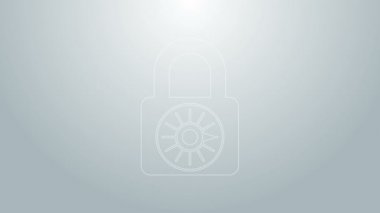 Mavi çizgi kasa kombinasyonu kilit tekeri simgesi gri arkaplanda izole edildi. Kombinasyon asma kilit. Güvenlik, güvenlik, koruma, şifre, gizlilik. 4K Video hareketli grafik canlandırması