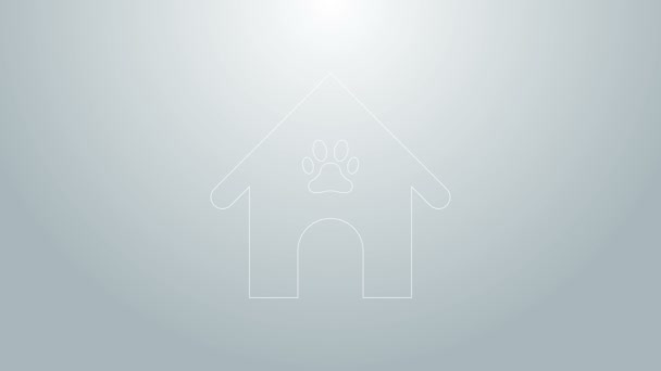 Modrá čára Psí dům a tlapky otisk pet ikona izolované na šedém pozadí. Psí bouda. Grafická animace pohybu videa 4K — Stock video