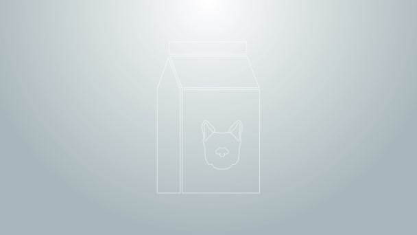 Modrá čára Taška s krmivem pro psy ikony izolované na šedém pozadí. Jídlo pro zvířata. Balíček se zvířecím jídlem. Grafická animace pohybu videa 4K — Stock video