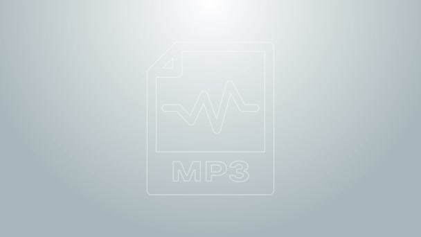 Mavi çizgi MP3 dosya belgesi. Gri arkaplanda izole edilmiş mp3 düğmesi simgesi indir. Mp3 müzik format işareti. MP3 dosya sembolü. 4K Video hareketli grafik canlandırması — Stok video