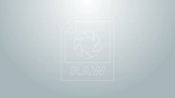 Blauwe lijn RAW-bestand document. Download rauwe knop pictogram geïsoleerd op grijze achtergrond. RAW-bestandssymbool. 4K Video motion grafische animatie — Stockvideo