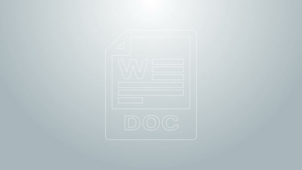 Blauwe lijn DOC bestand document. Download doc knop pictogram geïsoleerd op grijze achtergrond. DOC-bestandsextensie symbool. 4K Video motion grafische animatie — Stockvideo