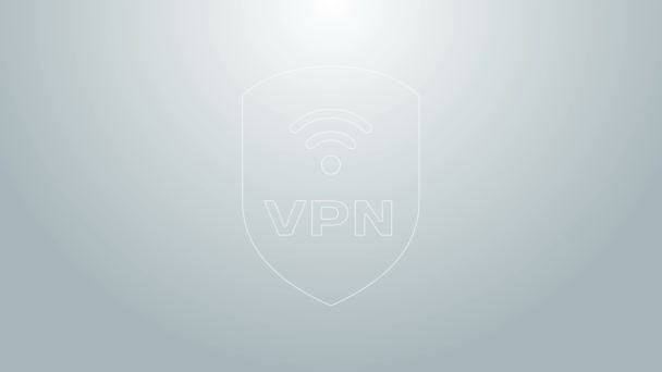 Escudo de linha azul com VPN e ícone de símbolo de rede de internet sem fio wifi isolado em fundo cinza. VPN proteger conceito de segurança. Animação gráfica em movimento de vídeo 4K — Vídeo de Stock