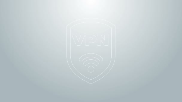 Modrá čára Štít s VPN a wifi bezdrátové internetové sítě symbol ikony izolované na šedém pozadí. VPN chrání bezpečnostní koncept. Grafická animace pohybu videa 4K — Stock video