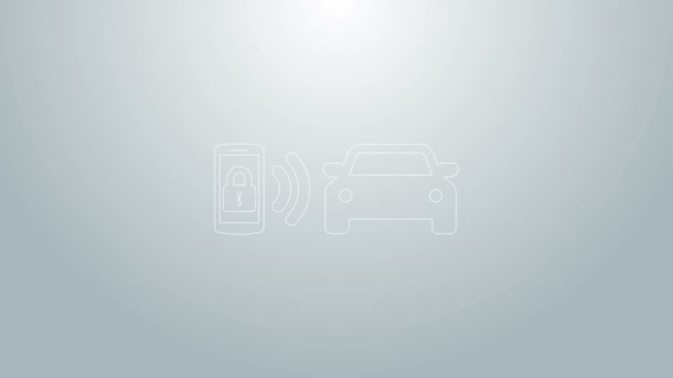 Línea azul Icono del sistema de alarma de coche inteligente aislado sobre fondo gris. El teléfono inteligente controla la seguridad del coche en el inalámbrico. Animación gráfica de vídeo 4K — Vídeos de Stock
