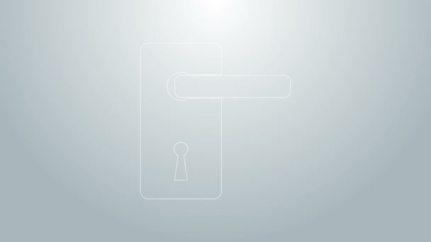 Linha azul ícone maçaneta da porta isolado no fundo cinza. Sinal de fechadura. Animação gráfica em movimento de vídeo 4K — Vídeo de Stock