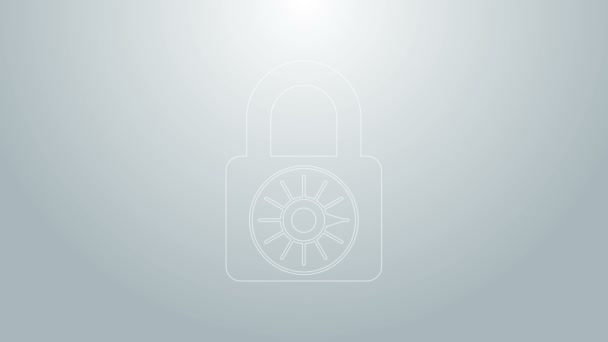 ブルーライングレーの背景に隔離された安全な組み合わせロックホイールアイコン。組み合わせ南京錠。セキュリティ、安全性、保護、パスワード、プライバシー。4Kビデオモーショングラフィックアニメーション — ストック動画