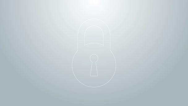 灰色の背景に隔離された青い線ロックアイコン。南京錠のサイン。セキュリティ、安全性、保護、プライバシーの概念。4Kビデオモーショングラフィックアニメーション — ストック動画