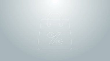 Gri arkaplanda% 100 indirim simgesi bulunan mavi çizgili alışveriş torbası. El çantası işareti. Kadın çanta ikonu. Kadın el çantası işareti. 4K Video hareketli grafik canlandırması