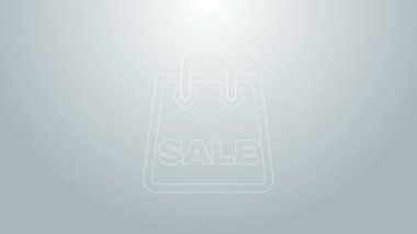 Üzerinde gri arka planda izole edilmiş bir satış simgesi olan mavi bir alışveriş çantası. El çantası işareti. Kadın çanta ikonu. Kadın el çantası işareti. 4K Video hareketli grafik canlandırması