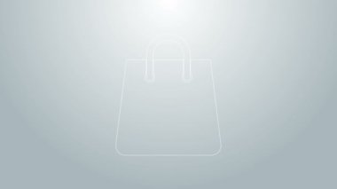 Mavi çizgi el çantası simgesi gri arkaplanda izole edildi. Alışveriş poşeti tabelası. Kadın çanta ikonu. Kadın el çantası işareti. Cazibeli günlük eşyalar. 4K Video hareketli grafik canlandırması