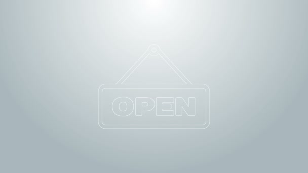 Blå linje Hängande skylt med text Öppen dörr ikon isolerad på grå bakgrund. 4K Video motion grafisk animation — Stockvideo